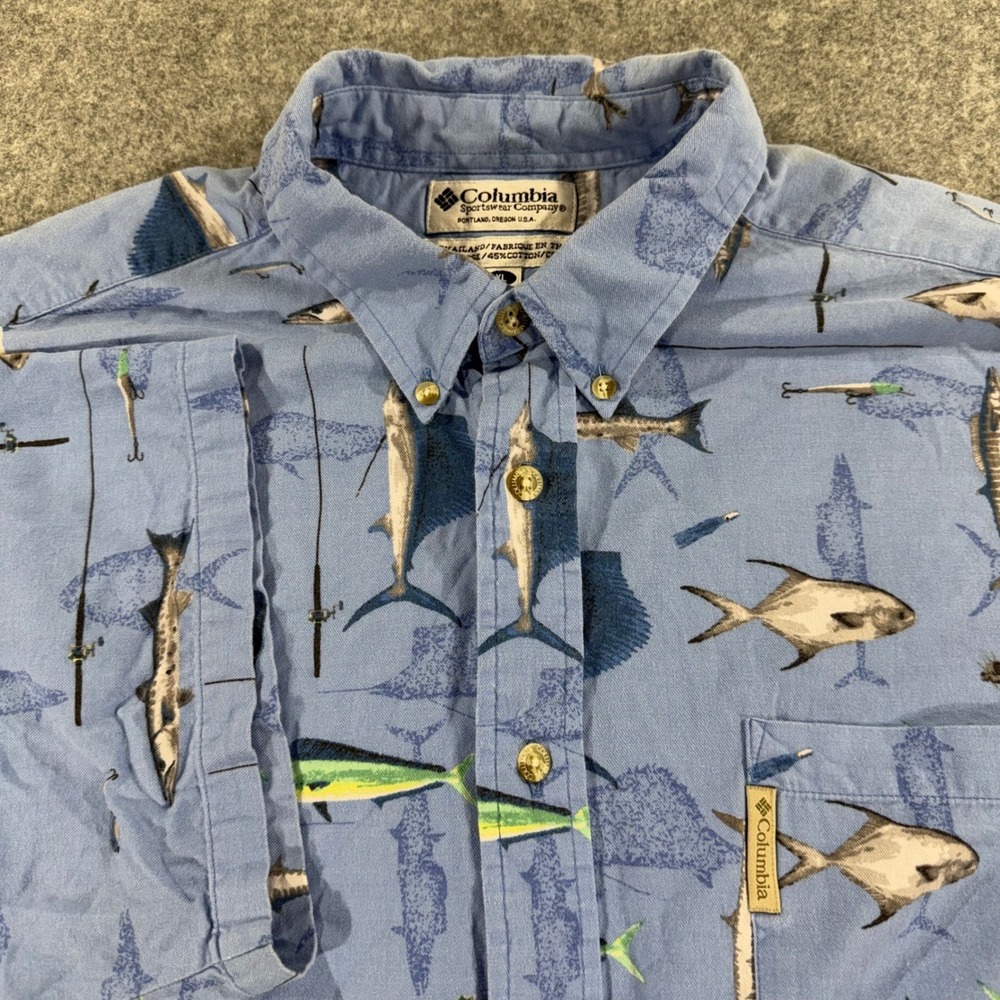 Columbia Mens XL Blue Fish Print Viscose Cotton Button Fishing Shirt RARE